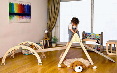 4-piece Montessori climbing set featuring a triangle, arch/rocker, and 2 ramps for active play and development.