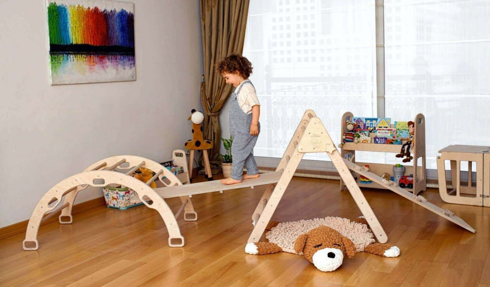 4-piece Montessori climbing set featuring a triangle, arch/rocker, and 2 ramps for active play and development.