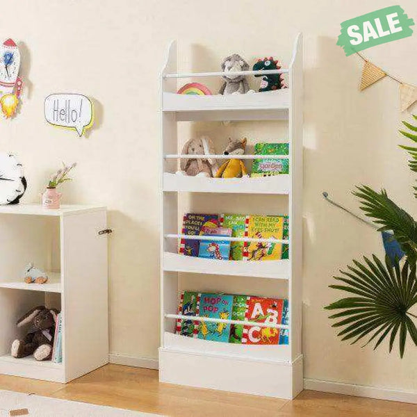 4-Tier Bookshelf with 2 Anti-Tipping Kits for Books and Magazines-Gray White Kids Storage