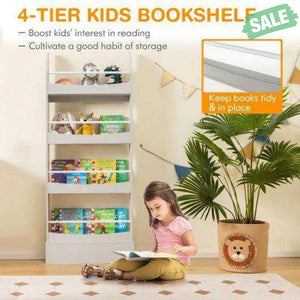 4-Tier Bookshelf with 2 Anti-Tipping Kits for Books and Magazines-Gray White Kids Storage