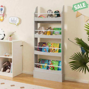 4-Tier Bookshelf with 2 Anti-Tipping Kits for Books and Magazines-Gray White Kids Storage