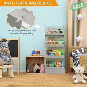 4-Tier Bookshelf with 2 Anti-Tipping Kits for Books and Magazines-Gray White Kids Storage