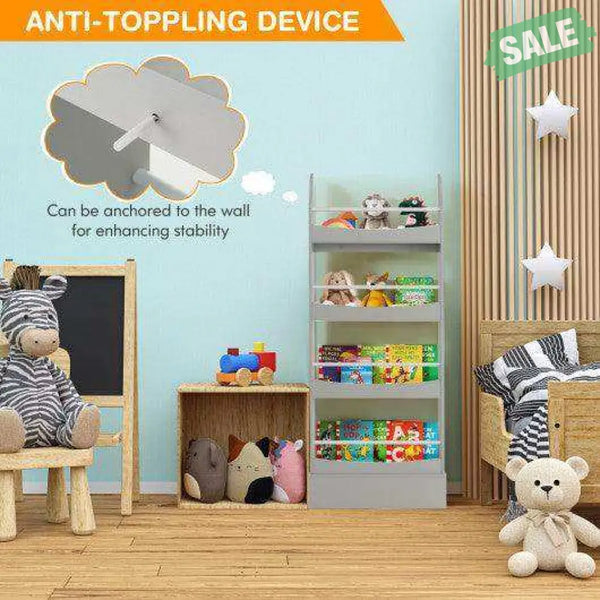 4-Tier Bookshelf with 2 Anti-Tipping Kits for Books and Magazines-Gray White Kids Storage