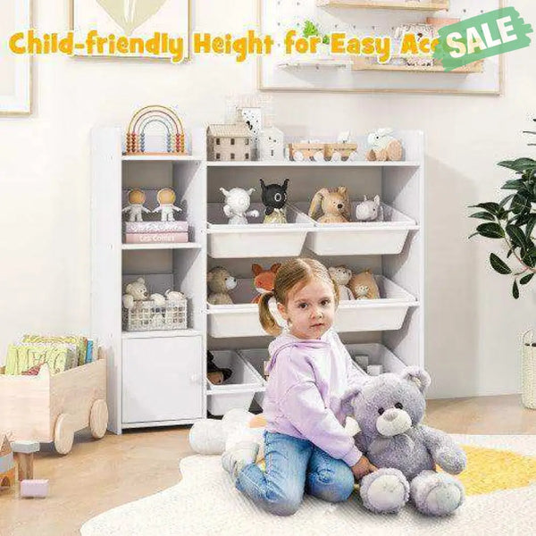4-Tier Kids Bookshelf and Toy Storage Rack with 8 Toy Organizer Bins-Grey Kids Storage