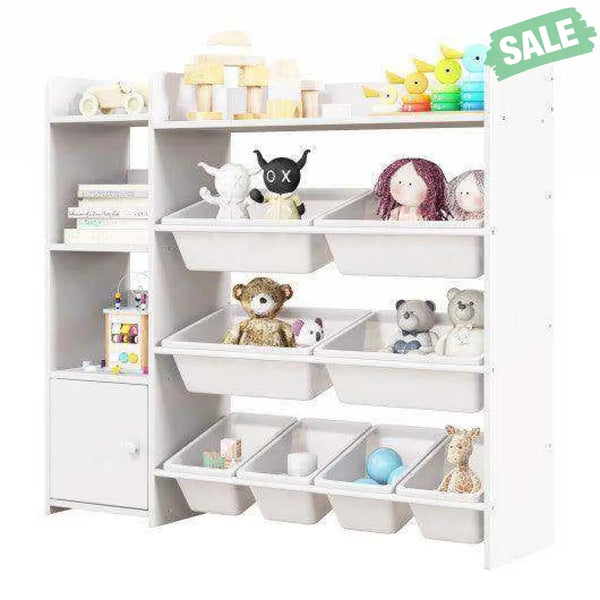 4-Tier Kids Bookshelf and Toy Storage Rack with 8 Toy Organizer Bins-Grey Kids Storage