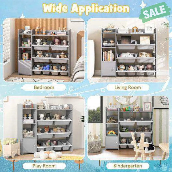 4-Tier Kids Bookshelf and Toy Storage Rack with 8 Toy Organizer Bins-Grey Kids Storage