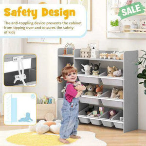 4-Tier Kids Bookshelf and Toy Storage Rack with 8 Toy Organizer Bins-Grey Kids Storage