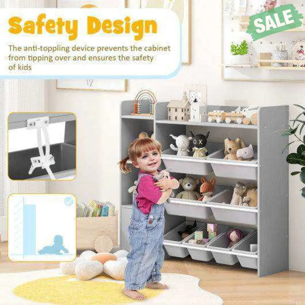 4-Tier Kids Bookshelf and Toy Storage Rack with 8 Toy Organizer Bins-Grey Kids Storage
