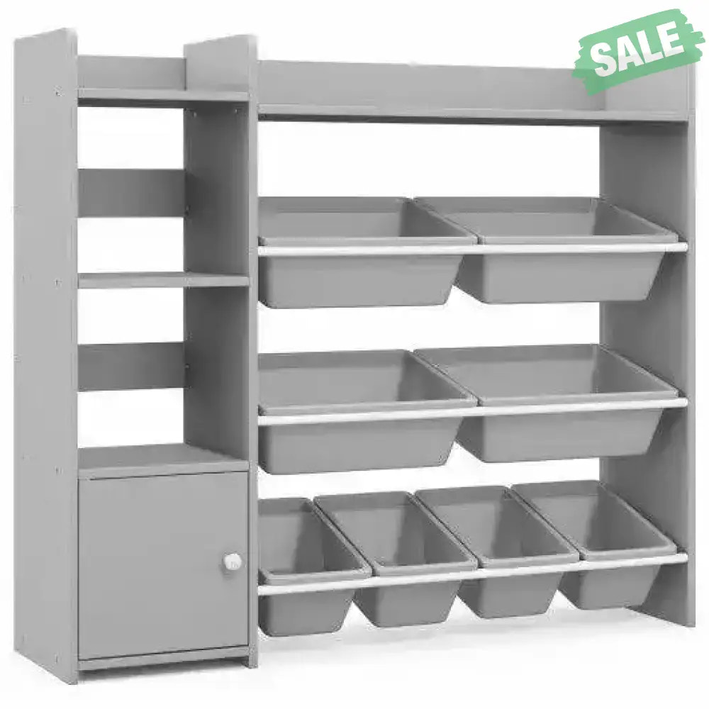 4-Tier Kids Bookshelf and Toy Storage Rack with 8 Toy Organizer Bins-Grey Kids Storage