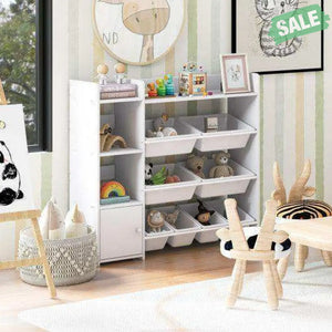 4-Tier Kids Bookshelf and Toy Storage Rack with 8 Toy Organizer Bins-Grey Kids Storage