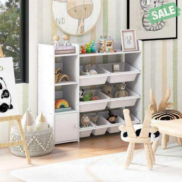 4-Tier Kids Bookshelf and Toy Storage Rack with 8 Toy Organizer Bins-Grey Kids Storage