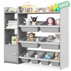 4-Tier Kids Bookshelf and Toy Storage Rack with 8 Toy Organizer Bins-Grey Kids Storage