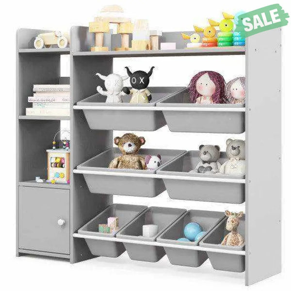 4-Tier Kids Bookshelf and Toy Storage Rack with 8 Toy Organizer Bins-Grey Kids Storage