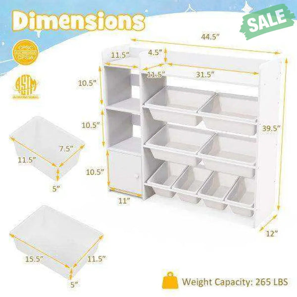 4-Tier Kids Bookshelf and Toy Storage Rack with 8 Toy Organizer Bins-Grey Kids Storage