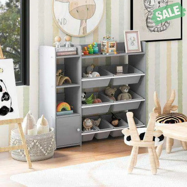 4-Tier Kids Bookshelf and Toy Storage Rack with 8 Toy Organizer Bins-Grey Kids Storage
