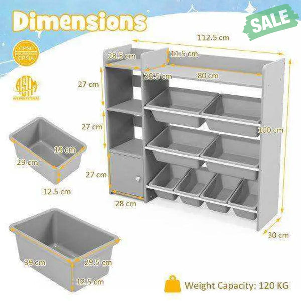 4-Tier Kids Bookshelf and Toy Storage Rack with 8 Toy Organizer Bins-Grey Kids Storage