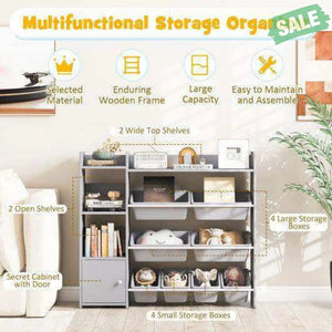 4-Tier Kids Bookshelf and Toy Storage Rack with 8 Toy Organizer Bins-Grey Gray Kids Storage