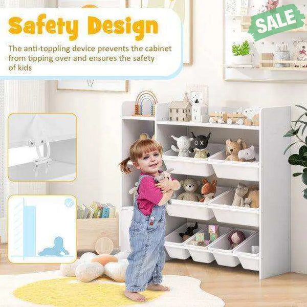 4-Tier Kids Bookshelf and Toy Storage Rack with 8 Toy Organizer Bins-Grey White Kids Storage