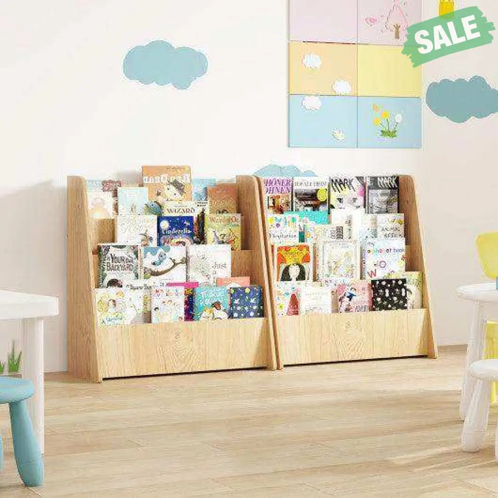 4-Tier Kids Bookshelf with Deep Compartments for Bedroom-Natural Natural Kids Storage