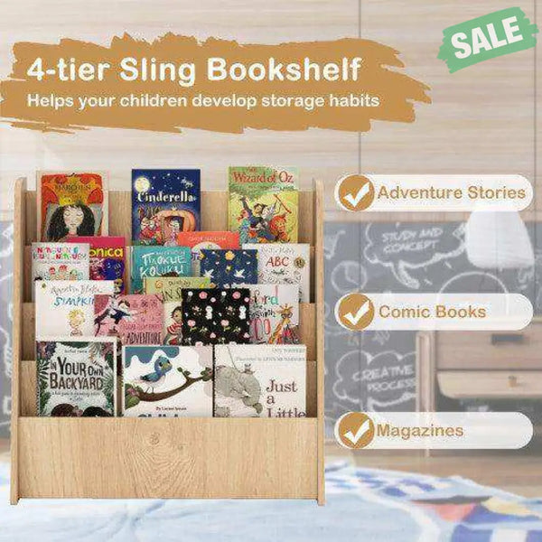 4-Tier Kids Bookshelf with Deep Compartments for Bedroom-Natural Natural Kids Storage