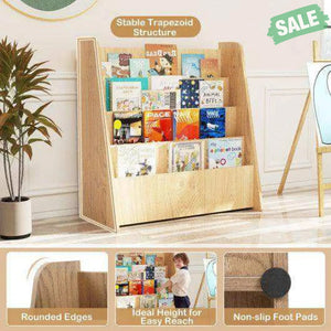 4-Tier Kids Bookshelf with Deep Compartments for Bedroom-Natural Natural Kids Storage