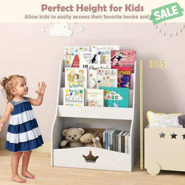 4-Tier Kids Bookshelf with Shelves and Compartment for Toddlers-White Kids Storage