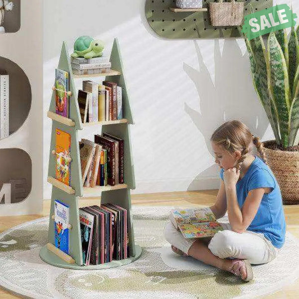 4 Tier Tree Shape Kids Rotating Bookshelf 360¬∞ Display Rack Storage Organizer-Green