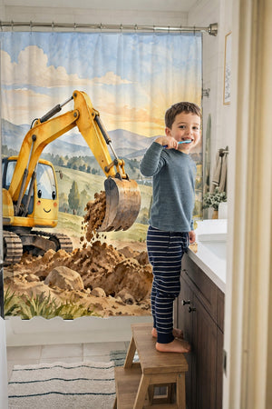 Child brushing teeth in a family bathroom with the Sunrise Excavator shower curtain