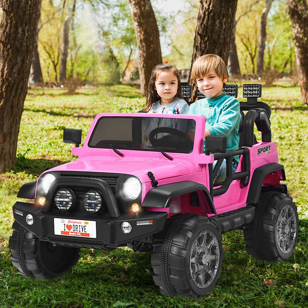 12V 2-seater ride-on car truck with remote control and storage, angled view showcasing design and features.