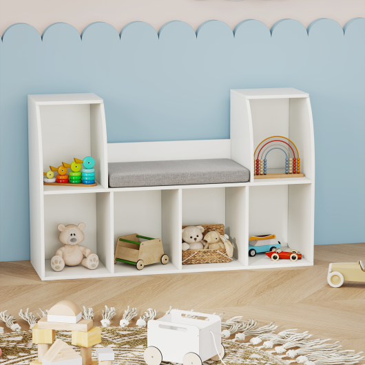 40-inch white kids bookshelf with reading nook and 6 open cubes for organized storage. Perfect for children's rooms.