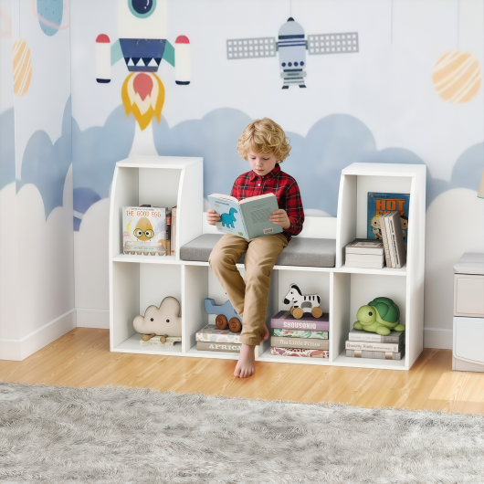 40-inch white kids bookshelf with reading nook and 6 open cubes, perfect for children's storage and organization.