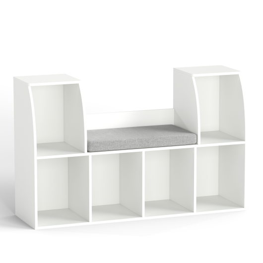 40-inch white kids bookshelf with reading nook and 6 open cubes, perfect for children's storage and organization.