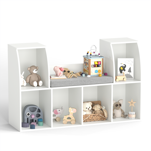 40-inch kids bookshelf with reading nook and 6 open cubes in white, perfect for children's storage and organization.