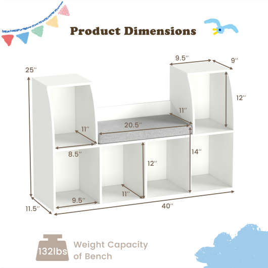 40-inch kids bookshelf with reading nook and 6 open cubes in white, perfect for children's storage and organization.