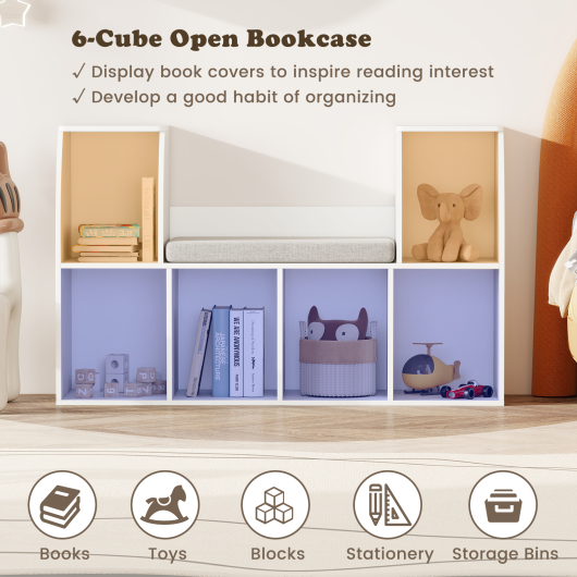 40-inch white kids bookshelf with reading nook and 6 open cubes, perfect for children's storage and organization.