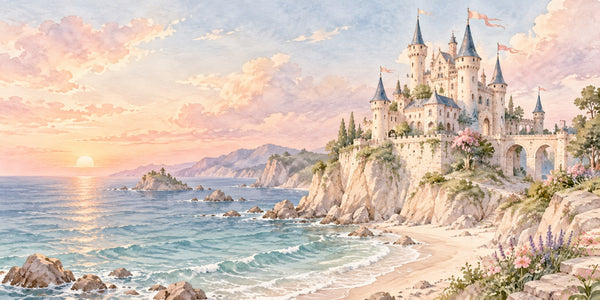 Watercolor Seaside Castle Fairy Tale Wall Mural, image 3