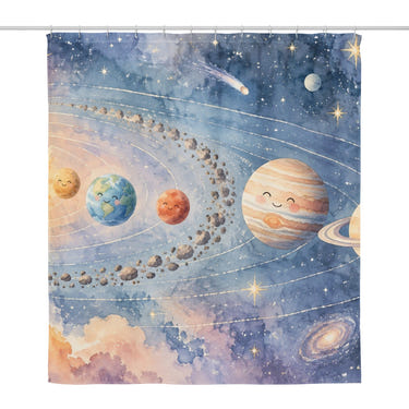 Pastel Planets shower curtain, full front view of the 71 x 74 in fabric curtain