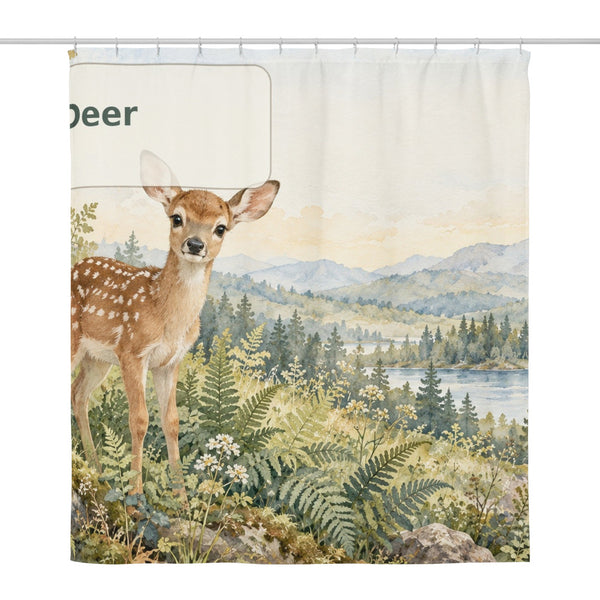D is for Deer Alphabet shower curtain, full front view of the 71 x 74 in fabric curtain