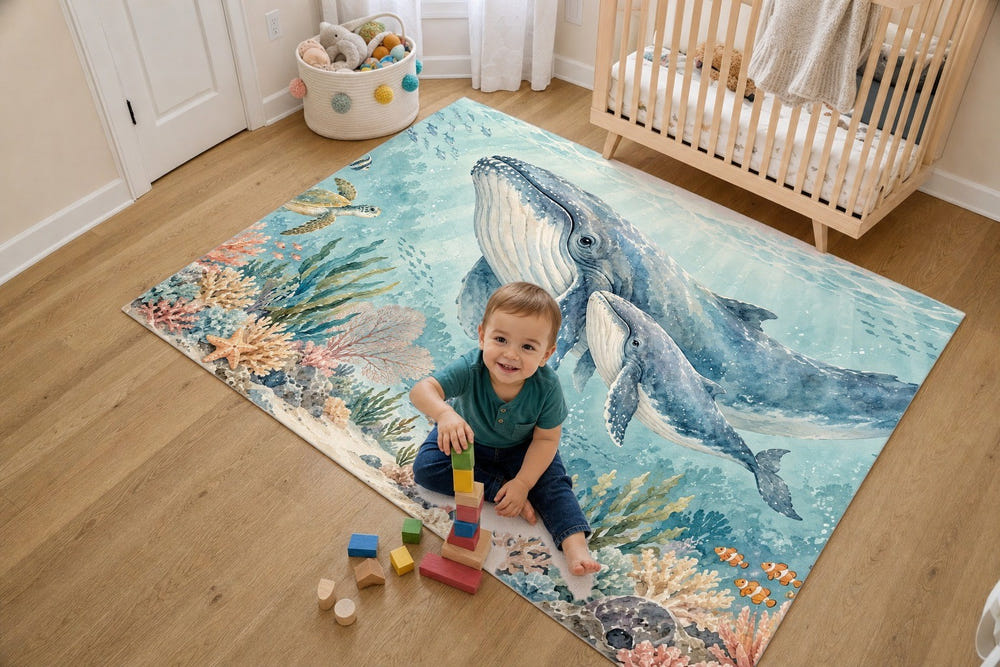 Whale Family Ocean kids rug, full view of the printed design
