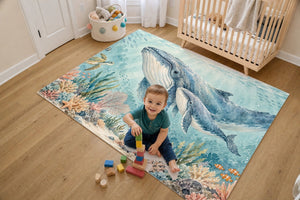Toddler stacking blocks on the Whale Family Ocean kids rug in a bright bedroom