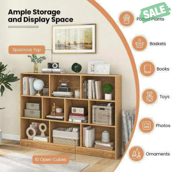 41 inches Wooden Toy Storage Organizer with 10 Cubes for Classroom Daycare Nursery Kindergarten-Natural Natural Kids