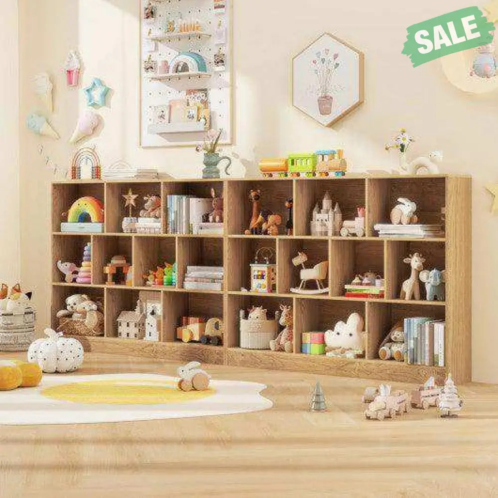 41 inches Wooden Toy Storage Organizer with 10 Cubes for Classroom Daycare Nursery Kindergarten-Natural Natural Kids