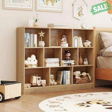 41 inches Wooden Toy Storage Organizer with 10 Cubes for Classroom Daycare Nursery Kindergarten-Natural Natural Kids