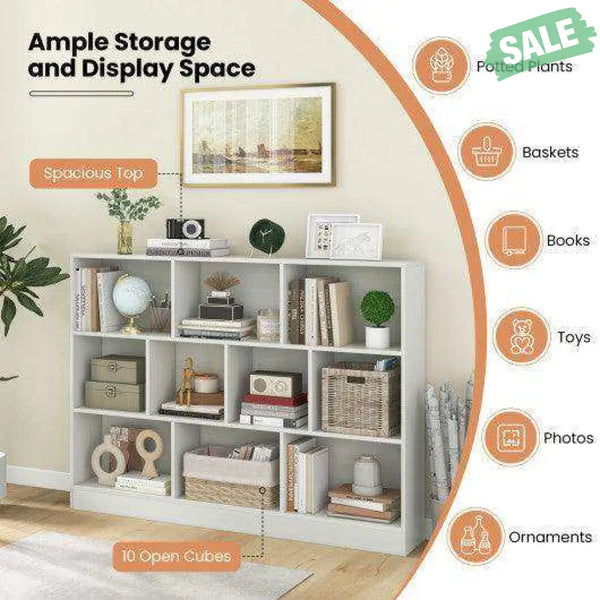 41 inches Wooden Toy Storage Organizer with 10 Cubes for Classroom Daycare Nursery Kindergarten-White