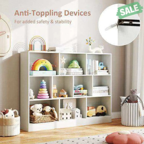 41 inches Wooden Toy Storage Organizer with 10 Cubes for Classroom Daycare Nursery Kindergarten-White