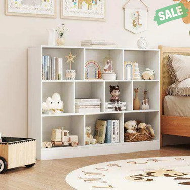 41 inches Wooden Toy Storage Organizer with 10 Cubes for Classroom Daycare Nursery Kindergarten-White