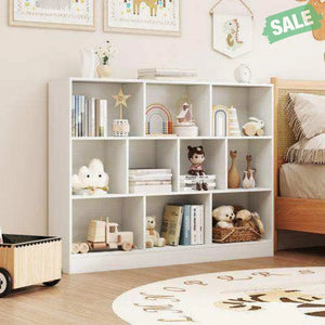 41 inches Wooden Toy Storage Organizer with 10 Cubes for Classroom Daycare Nursery Kindergarten-White