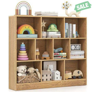41 inches Wooden Toy Storage Organizer with 10 Cubes for Kids-Natural
