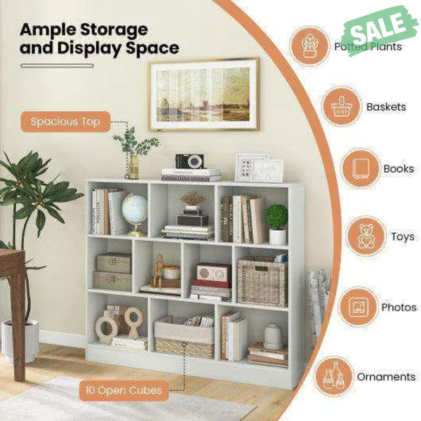 41 inches Wooden Toy Storage Organizer with 10 Cubes for Kids-White White Kids Storage