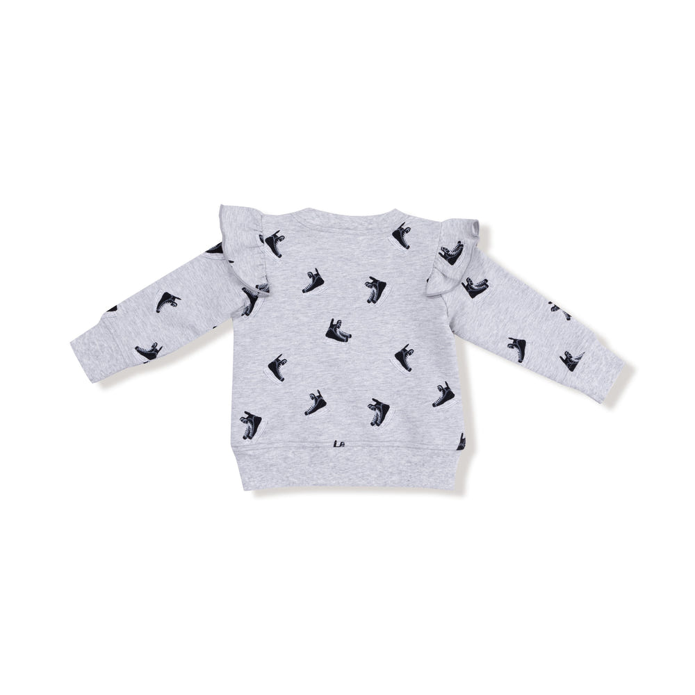 Baby hockey ruffle sweatshirt in soft fabric, perfect for little fans. Stylish and comfortable top for everyday wear.